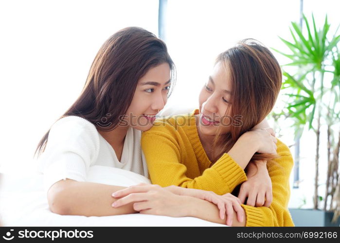 LGBT, Young cute asia lesbian couple happy moment, homosexual, lesbian couple lifestyle