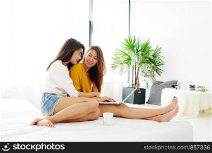LGBT, Young cute asian lesbian couple happy moment, homosexual, lesbian couple lifestyle