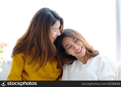 LGBT, Young cute asian women lesbian couple happy moment, homosexual, lesbian couple lifestyle