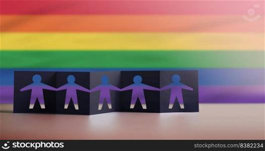 LGBTQ Concepts. Pride month. Sign of Gender, Human Rights and Protest. Paper Cut as Group of People Holding Hands Together. Blurred Pride Rainbow Flag, as background.