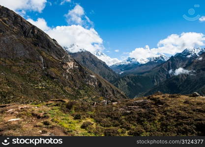 Lhotse and Ama Dablam peaks: Himalaya landscape. Hiking in Nepal