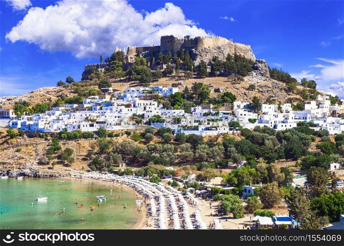 Libdos bay and beach in Rhodos island. View with castle