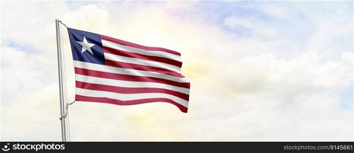 Liberia flag waving on sky background. 3D Rendering