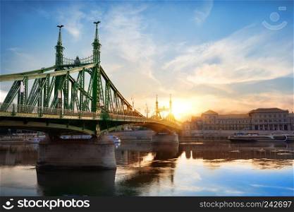 Liberty bridge and Corvinus University in Budapest at sunrise