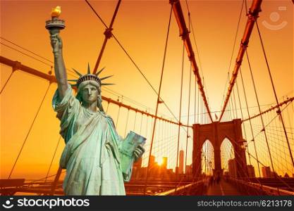 Liberty Statue and Brooklyn bridge New York American Symbols USA photomount