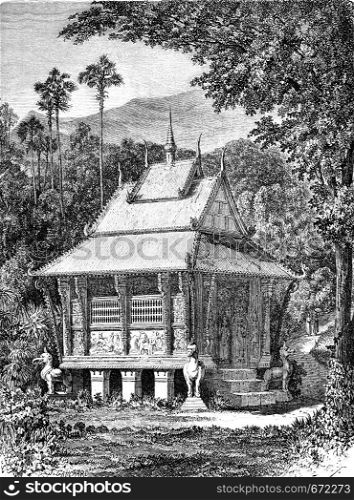 Library of a pagoda in Laos, vintage engraved illustration. Le Tour du Monde, Travel Journal, (1872).