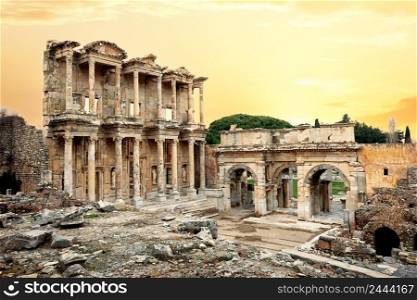 Library of Celsus in Ephesus under a yellow sky. Turkey. Library of Celsus in Ephesus under yellow sky