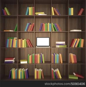 Library with wooden shelfs and multicolored books and laptop on the center shelf.