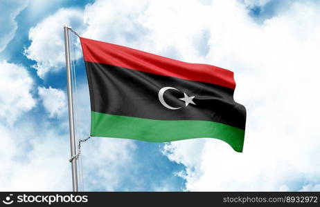 Libya flag waving on sky background. 3D Rendering