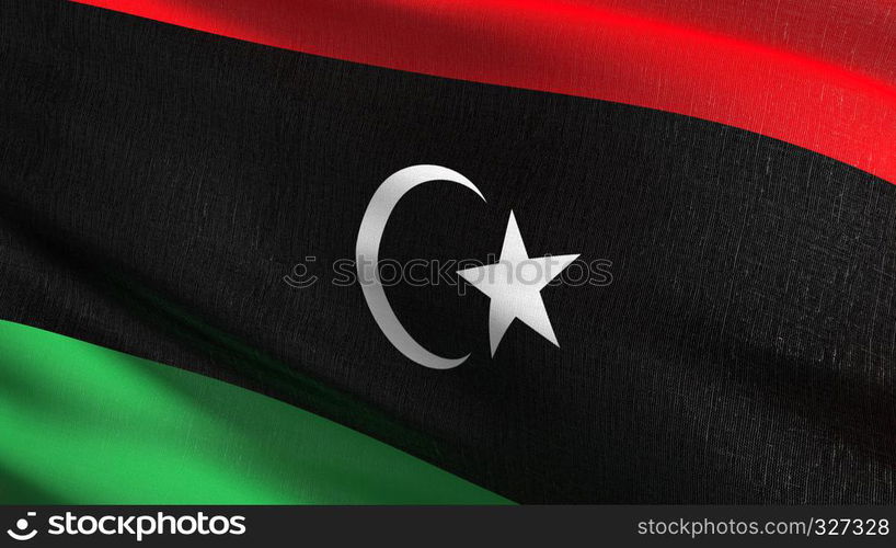 Libya national flag blowing in the wind isolated. Official patriotic abstract design. 3D rendering illustration of waving sign symbol.