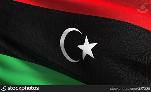 Libya national flag blowing in the wind isolated. Official patriotic abstract design. 3D rendering illustration of waving sign symbol.