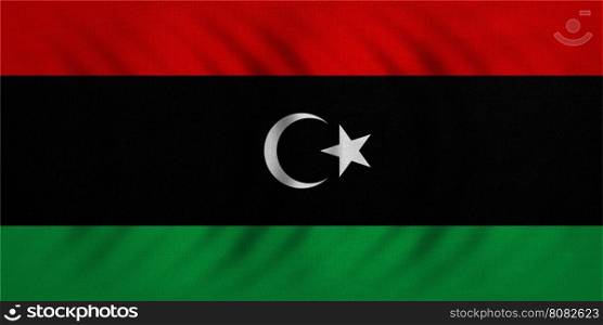 Libyan national official flag. African patriotic symbol, banner, element, background. Correct colors. Flag of Libya wavy with real detailed fabric texture, accurate size, illustration