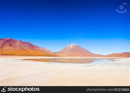 Licancabur volcano and Green Lake (Laguna Verde) in bolivian Altiplano