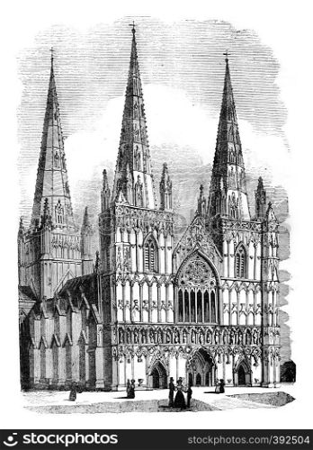 Lichfield Cathedral, vintage engraved illustration. Colorful History of England, 1837.