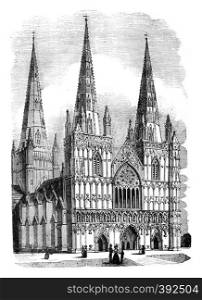 Lichfield Cathedral, vintage engraved illustration. Colorful History of England, 1837.