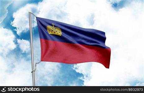 Liechtenstein flag waving on sky background. 3D Rendering