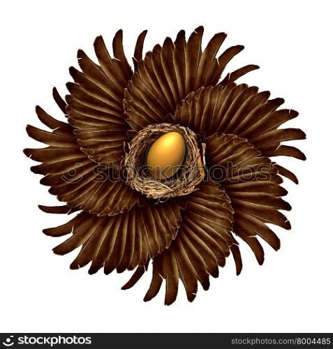Life and creation concept as a group of bird wings shaped as a blossoming flower with a gold nest egg in the middle as a success metaphor for community assistance or a connected network managing financial security.