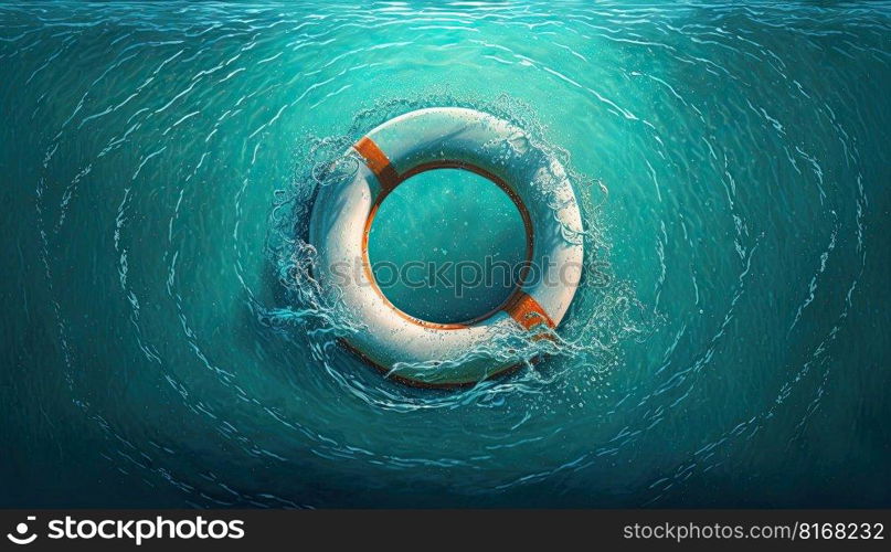 Life buoy on a blue calm water. Rescue on the sea. Generative AI