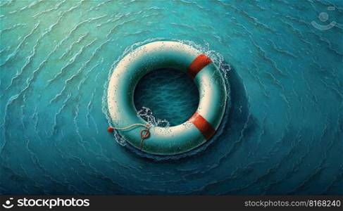 Life buoy on a blue calm water. Rescue on the sea. Generative AI
