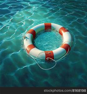 Life buoy on a blue choppy water. Rescue on the sea. Generative AI