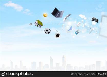 Life concept. Background image with flying icons against sky background