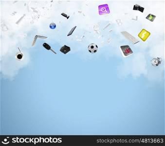 Life concept. Background image with flying icons against sky background
