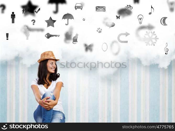 Life concepts. Young pretty lady in hat dreaming about future