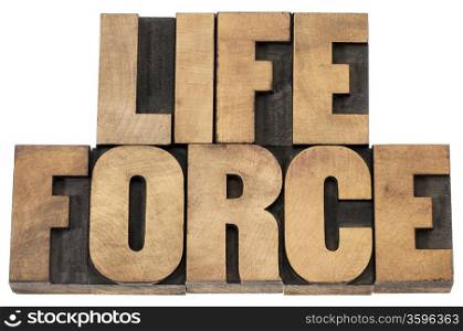 life force - isolated text in letterpress wood type printing blocks