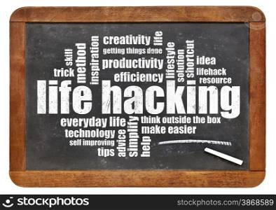 life hacking word cloud on an isolated vintage blackboard