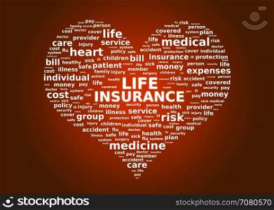 Life insurance concept. Cloud tags over red background.