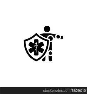 Life Insurance Icon. Flat Design.. Life Insurance Icon. Flat Design. Isolated Illustration. Man standing behind the shield with star of life.