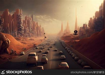 Life on a mars, metropolis city, traffic. Generative AI. High quality illustration. Life on a mars, metropolis city, traffic. Generative AI