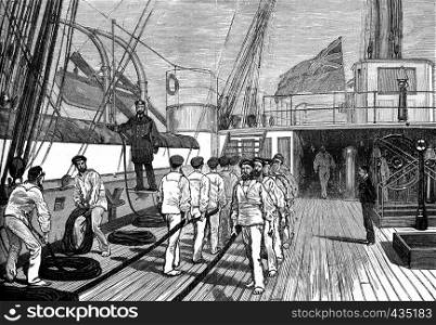 Life on board. The bridge of a ship of war, vintage engraved illustration. Journal des Voyages, Travel Journal, (1879-80).