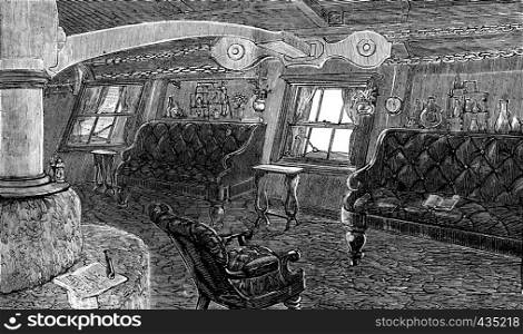 Life on board. The living room of the captain, vintage engraved illustration. Journal des Voyages, Travel Journal, (1879-80).
