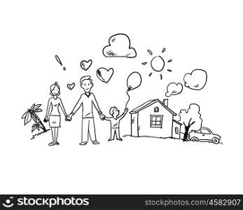 Life values. Conceptual sketch image of happy family and other life concepts