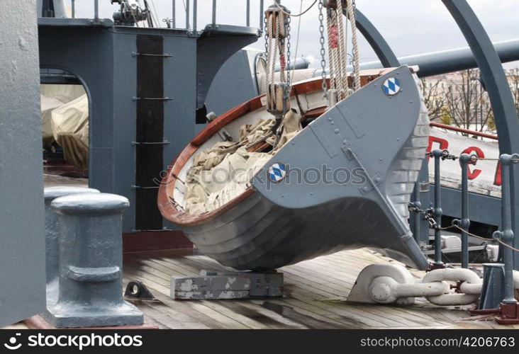 lifeboat on the deck of a warship