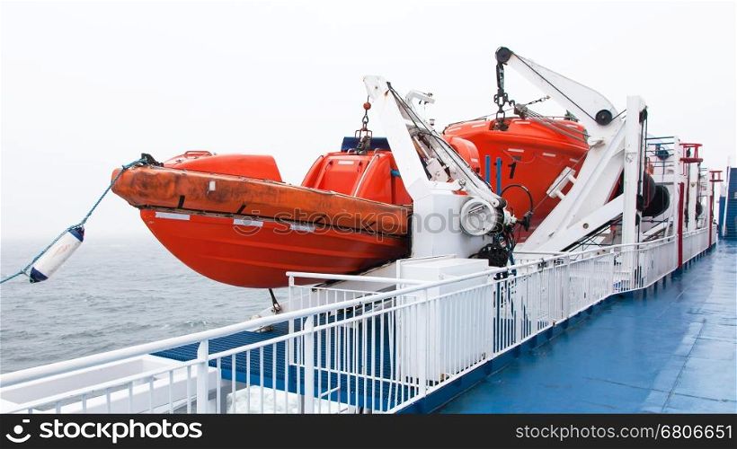 Lifeboats by deck of a cruise ship