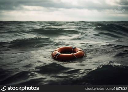 Lifebuoy on a stormy water created with generative AI technology