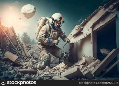 lifeguard clearing rubble after the earthquake. Neural network AI generated art. lifeguard clearing rubble after the earthquake. Neural network AI generated