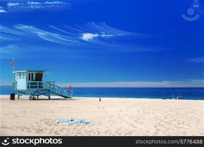 Lifeguard station with american flag on Hermosa beach, California, USA