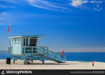 Lifeguard station with american flag on Hermosa beach, California, USA&#xA;