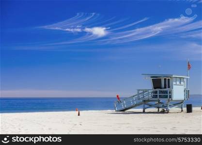 Lifeguard station with american flag on Hermosa beach, instagram toning, California, USA&#xA;
