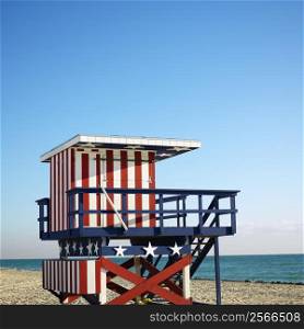 Lifeguard tower painted red, white and blue with stars and stripes on beach in Miami, Florida, USA.