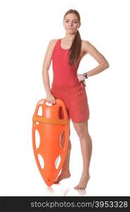 Lifeguard with rescue tube buoy. Woman supervising swimming pool water. Accident prevention.
