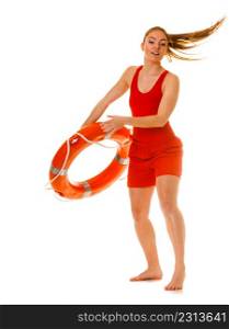 Lifeguard with ring buoy lifebuoy. Woman supervising swimming pool water. Accident prevention.