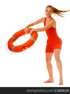 Lifeguard with ring buoy lifebuoy. Woman supervising swimming pool water. Accident prevention.