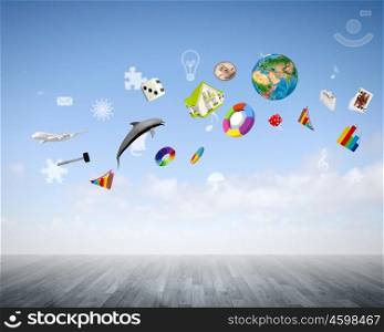 Lifestyle concept. Background image with various items flying in air. Elements of this image are furnished by NASA