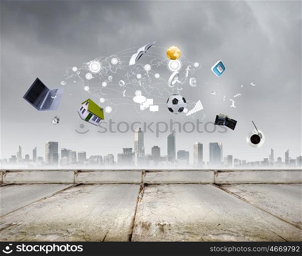 Lifestyle concept. Background image with various items flying in air
