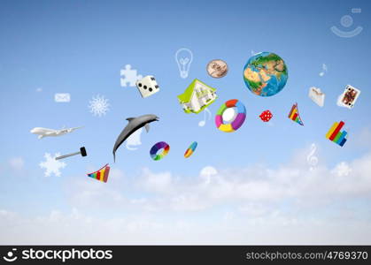 Lifestyle concept. Background image with various items flying in air. Elements of this image are furnished by NASA