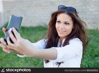 Lifestyle concept beautiful woman photographed on the smartphone